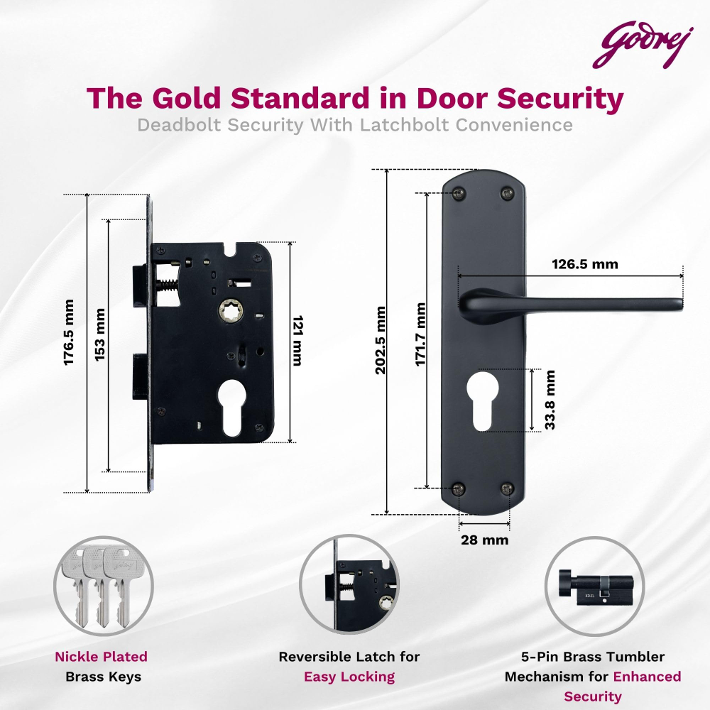 Godrej Mortise Lock I Handle Set 1CK EM02 I Matt Black Finish I 6-Lever Lock I 3 Keys I Double Throw I 5